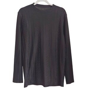 Makrom Mens Black Long Sleeve Luxury Greca Embossed Pattern Casual Shirt